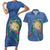 Hawaii Pikake and Maile Lei Couples Matching Short Sleeve Bodycon Dress and Hawaiian Shirt Honu Polynesian Pattern Blue Color