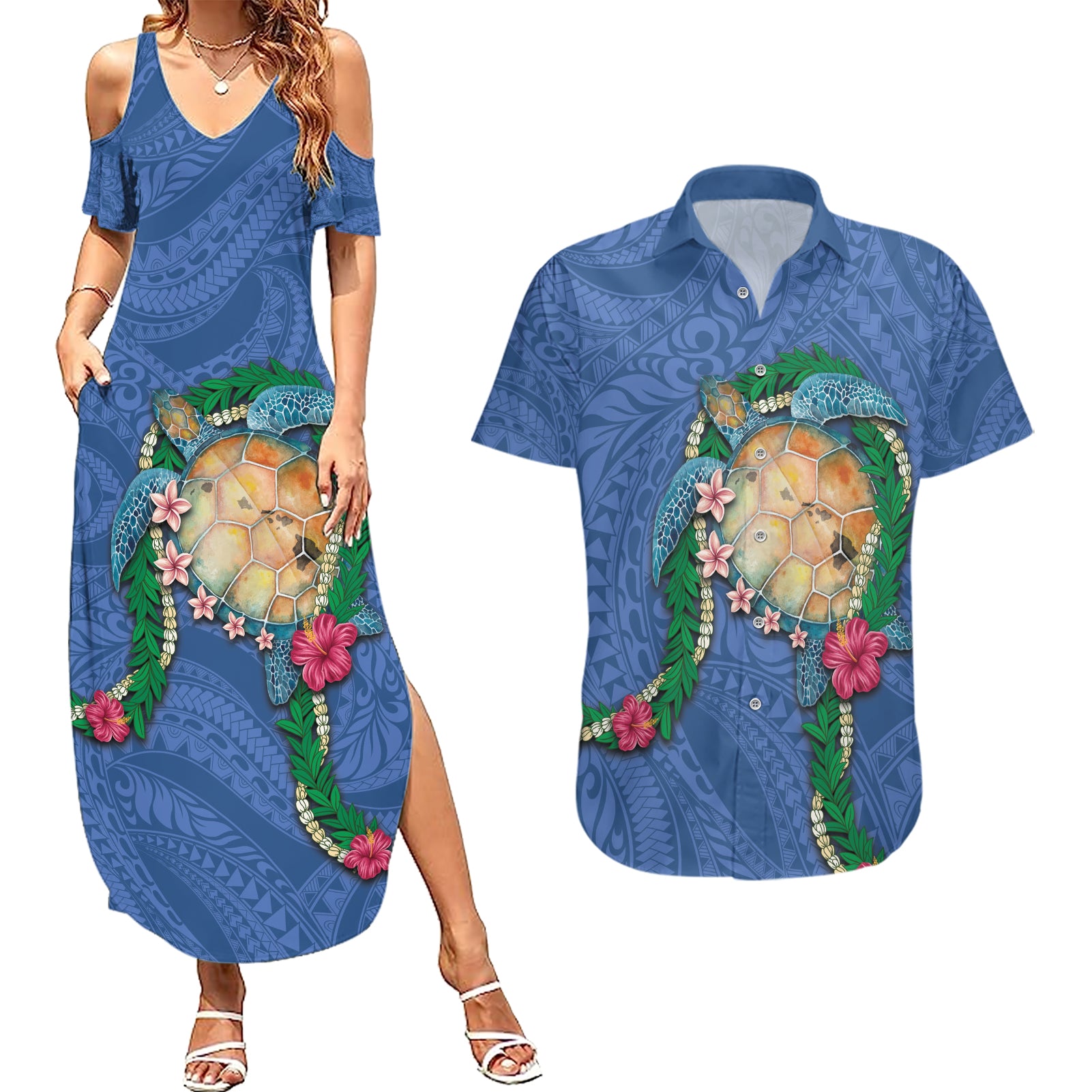 Hawaii Pikake and Maile Lei Couples Matching Summer Maxi Dress and Hawaiian Shirt Honu Polynesian Pattern Blue Color