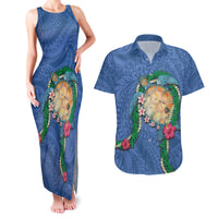 Hawaii Pikake and Maile Lei Couples Matching Tank Maxi Dress and Hawaiian Shirt Honu Polynesian Pattern Blue Color