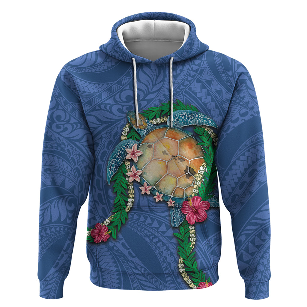 Hawaii Pikake and Maile Lei Hoodie Honu Polynesian Pattern Blue Color