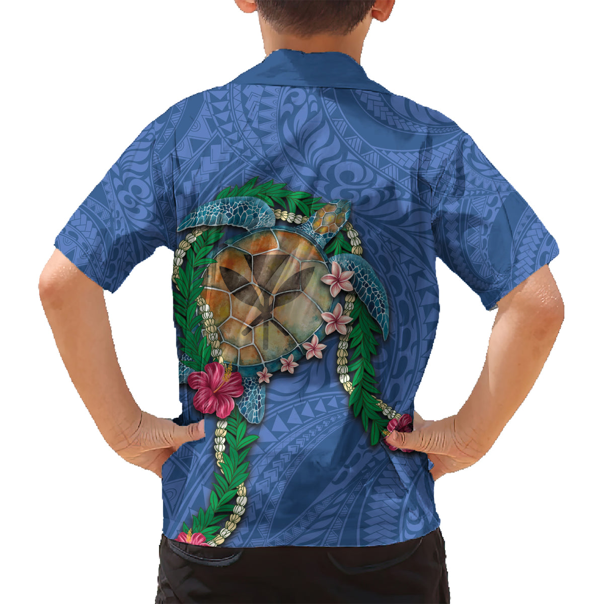 Hawaii Pikake and Maile Lei Kid Hawaiian Shirt Honu Polynesian Pattern Blue Color