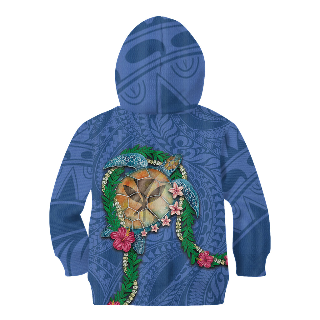 Hawaii Pikake and Maile Lei Kid Hoodie Honu Polynesian Pattern Blue Color