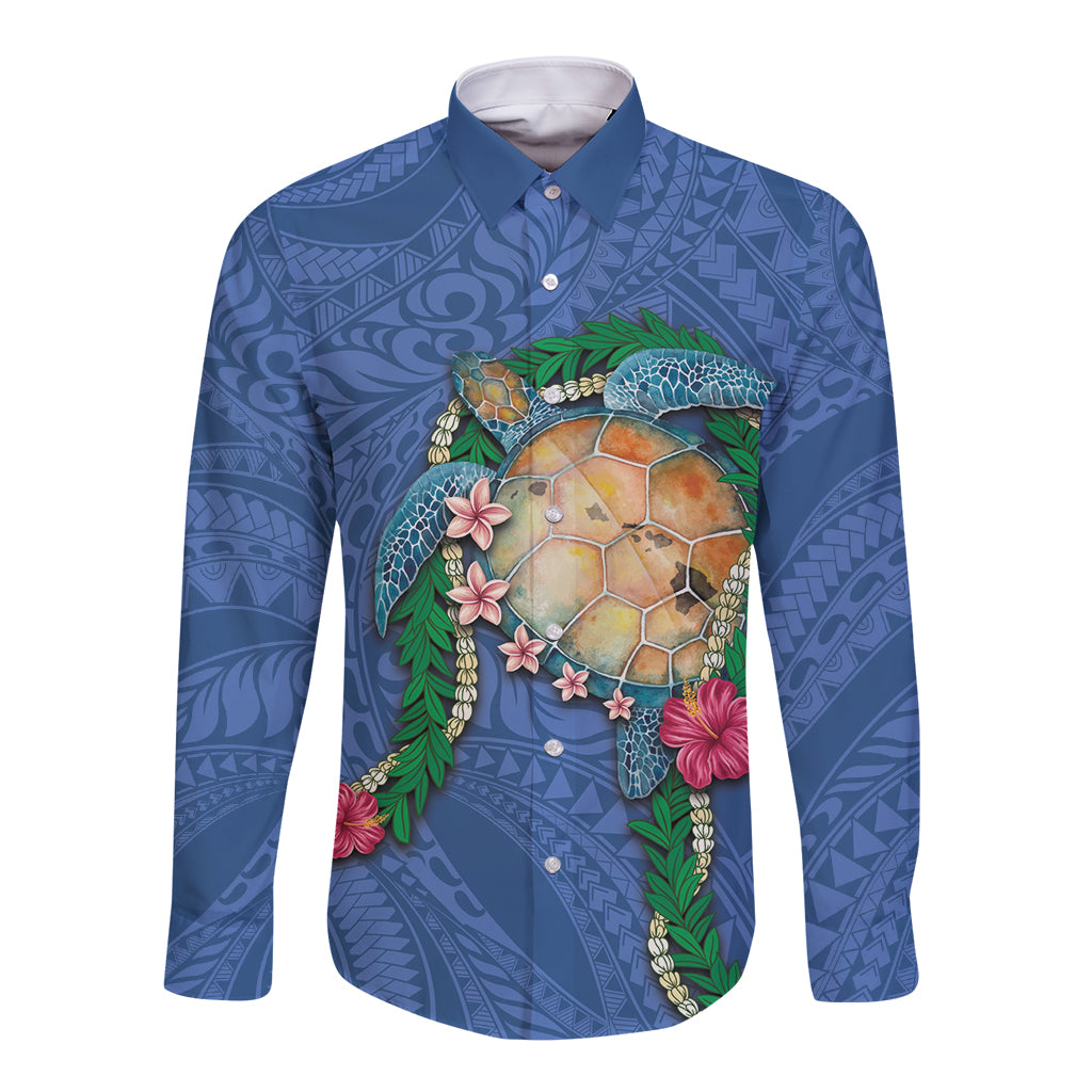 Hawaii Pikake and Maile Lei Long Sleeve Button Shirt Honu Polynesian Pattern Blue Color