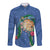 Hawaii Pikake and Maile Lei Long Sleeve Button Shirt Honu Polynesian Pattern Blue Color