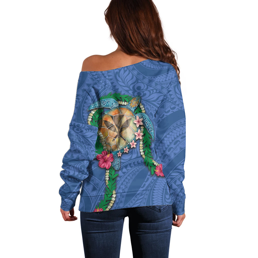 Hawaii Pikake and Maile Lei Off Shoulder Sweater Honu Polynesian Pattern Blue Color