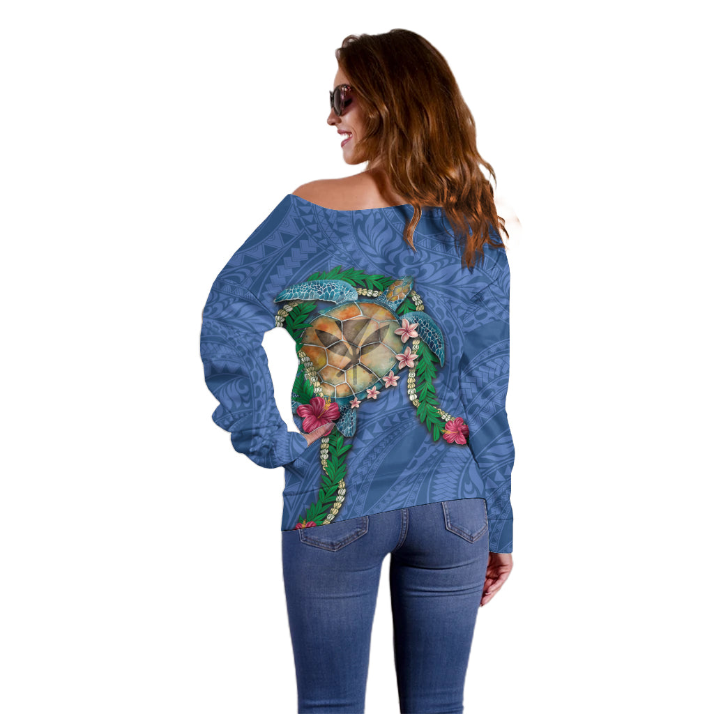 Hawaii Pikake and Maile Lei Off Shoulder Sweater Honu Polynesian Pattern Blue Color