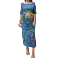 Hawaii Pikake and Maile Lei Puletasi Honu Polynesian Pattern Blue Color