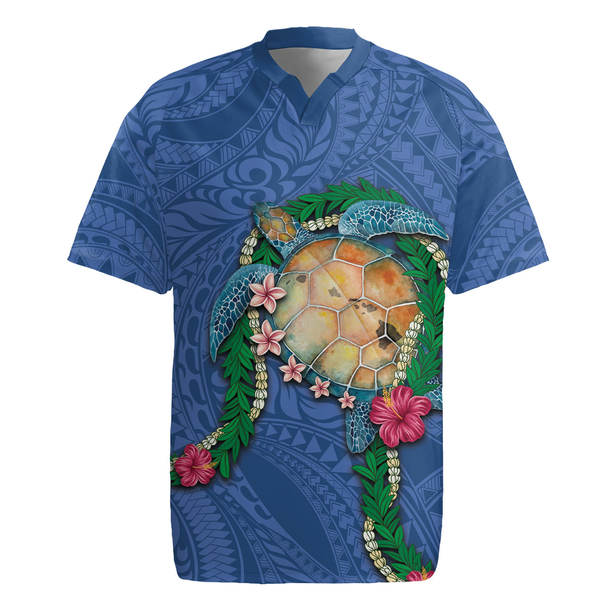 Hawaii Pikake and Maile Lei Rugby Jersey Honu Polynesian Pattern Blue Color