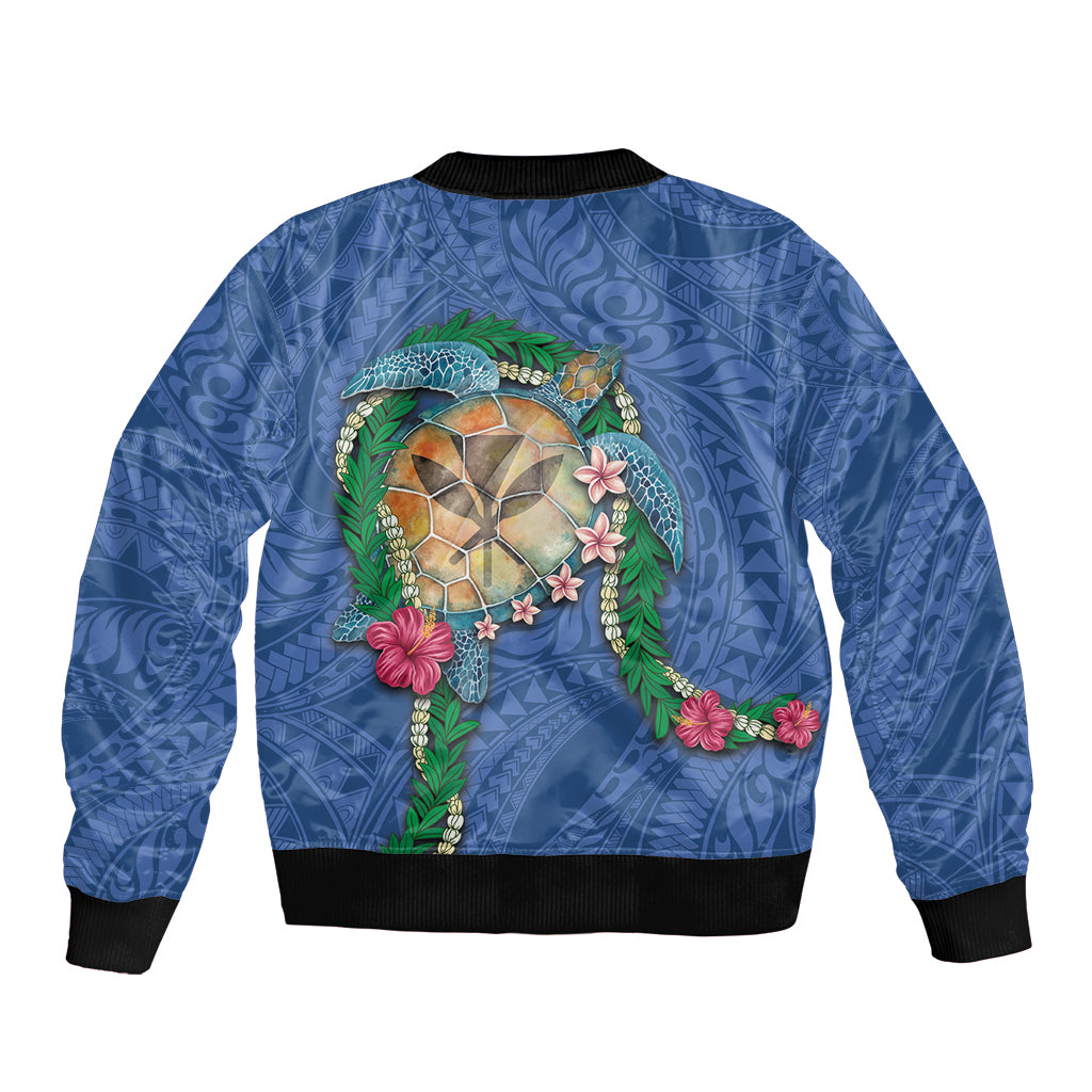 Hawaii Pikake and Maile Lei Sleeve Zip Bomber Jacket Honu Polynesian Pattern Blue Color