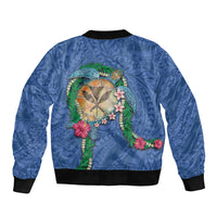 Hawaii Pikake and Maile Lei Sleeve Zip Bomber Jacket Honu Polynesian Pattern Blue Color