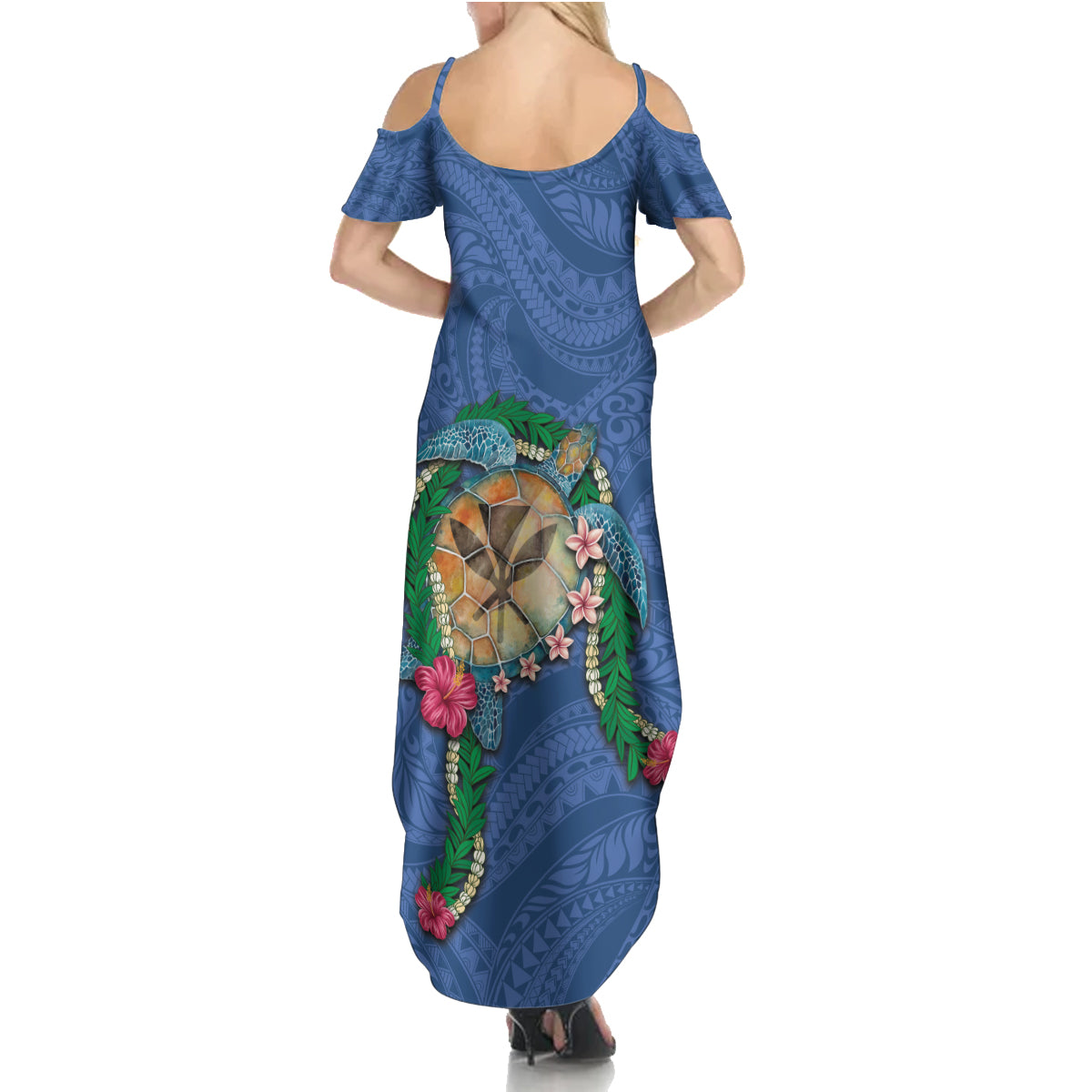 Hawaii Pikake and Maile Lei Summer Maxi Dress Honu Polynesian Pattern Blue Color