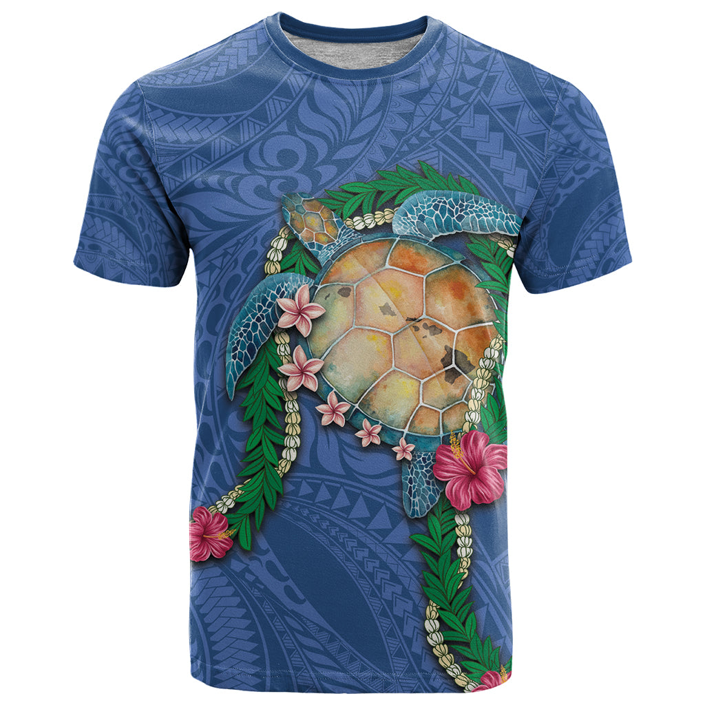 Hawaii Pikake and Maile Lei T Shirt Honu Polynesian Pattern Blue Color