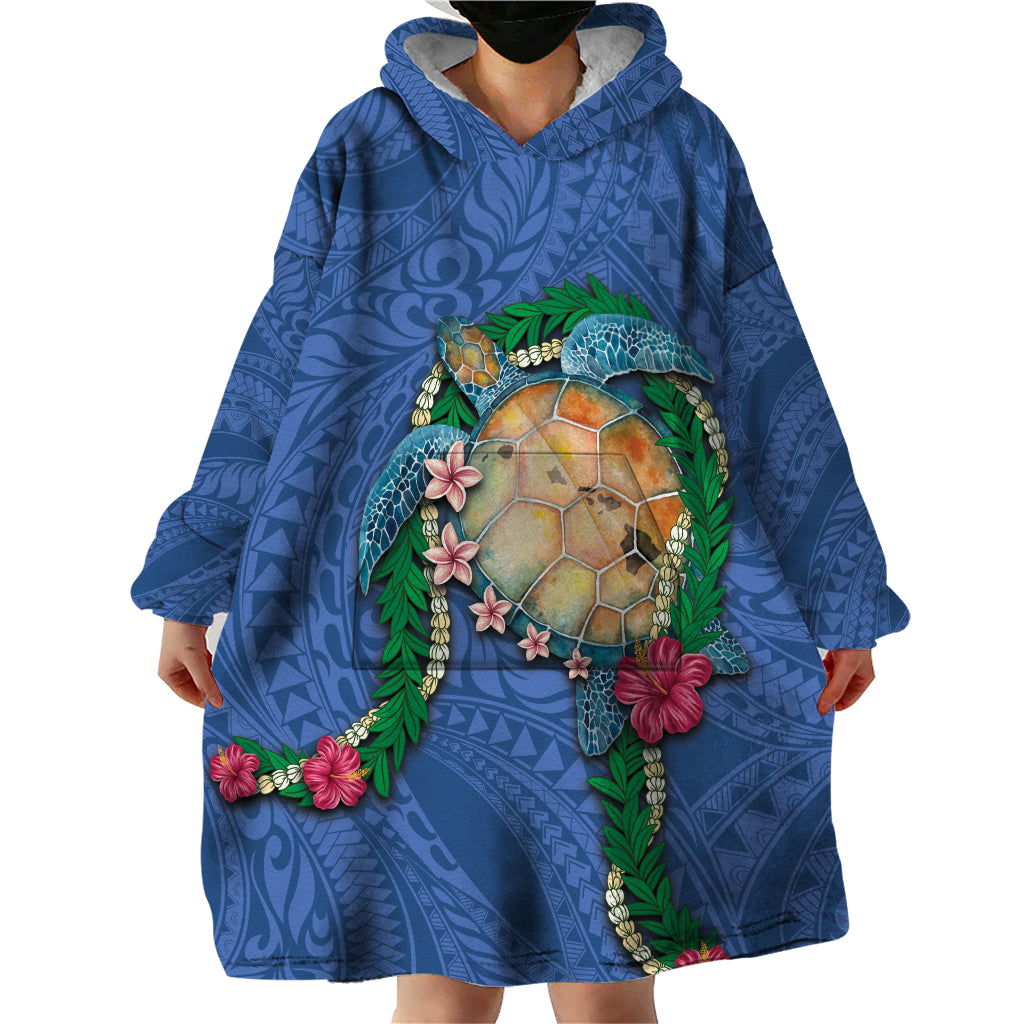 Hawaii Pikake and Maile Lei Wearable Blanket Hoodie Honu Polynesian Pattern Blue Color