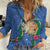 Hawaii Pikake and Maile Lei Women Casual Shirt Honu Polynesian Pattern Blue Color