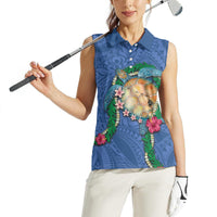 Hawaii Pikake and Maile Lei Women Sleeveless Polo Shirt Honu Polynesian Pattern Blue Color