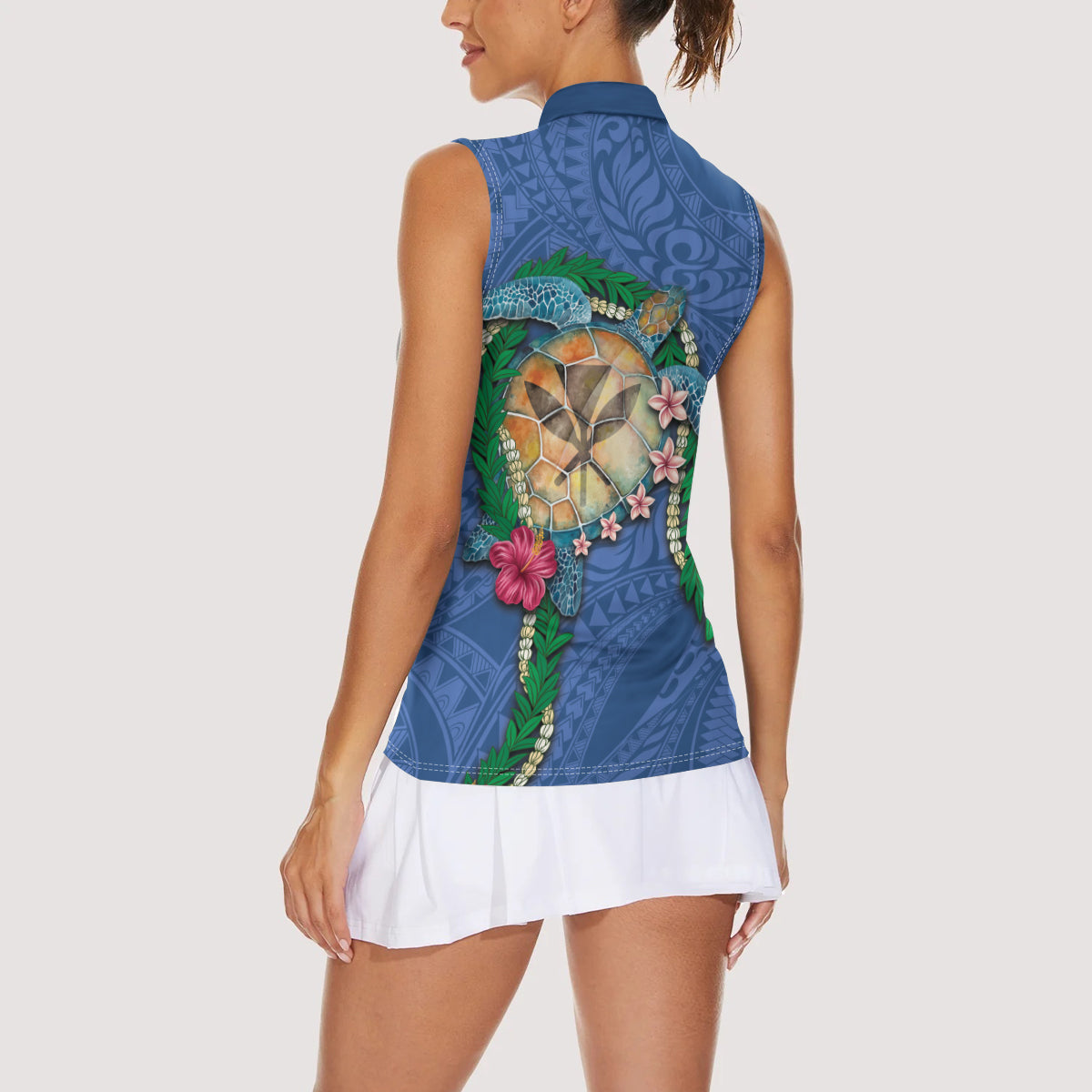 Hawaii Pikake and Maile Lei Women Sleeveless Polo Shirt Honu Polynesian Pattern Blue Color