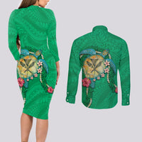 Hawaii Pikake and Maile Lei Couples Matching Long Sleeve Bodycon Dress and Long Sleeve Button Shirt Honu Polynesian Pattern Green Color