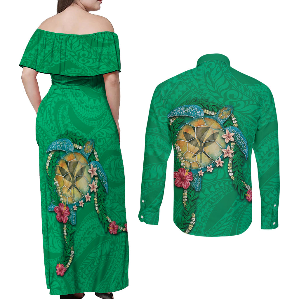 Hawaii Pikake and Maile Lei Couples Matching Off Shoulder Maxi Dress and Long Sleeve Button Shirt Honu Polynesian Pattern Green Color