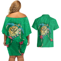 Hawaii Pikake and Maile Lei Couples Matching Off Shoulder Short Dress and Hawaiian Shirt Honu Polynesian Pattern Green Color