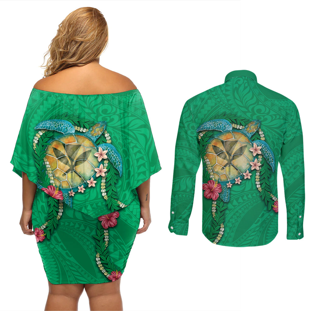 Hawaii Pikake and Maile Lei Couples Matching Off Shoulder Short Dress and Long Sleeve Button Shirt Honu Polynesian Pattern Green Color