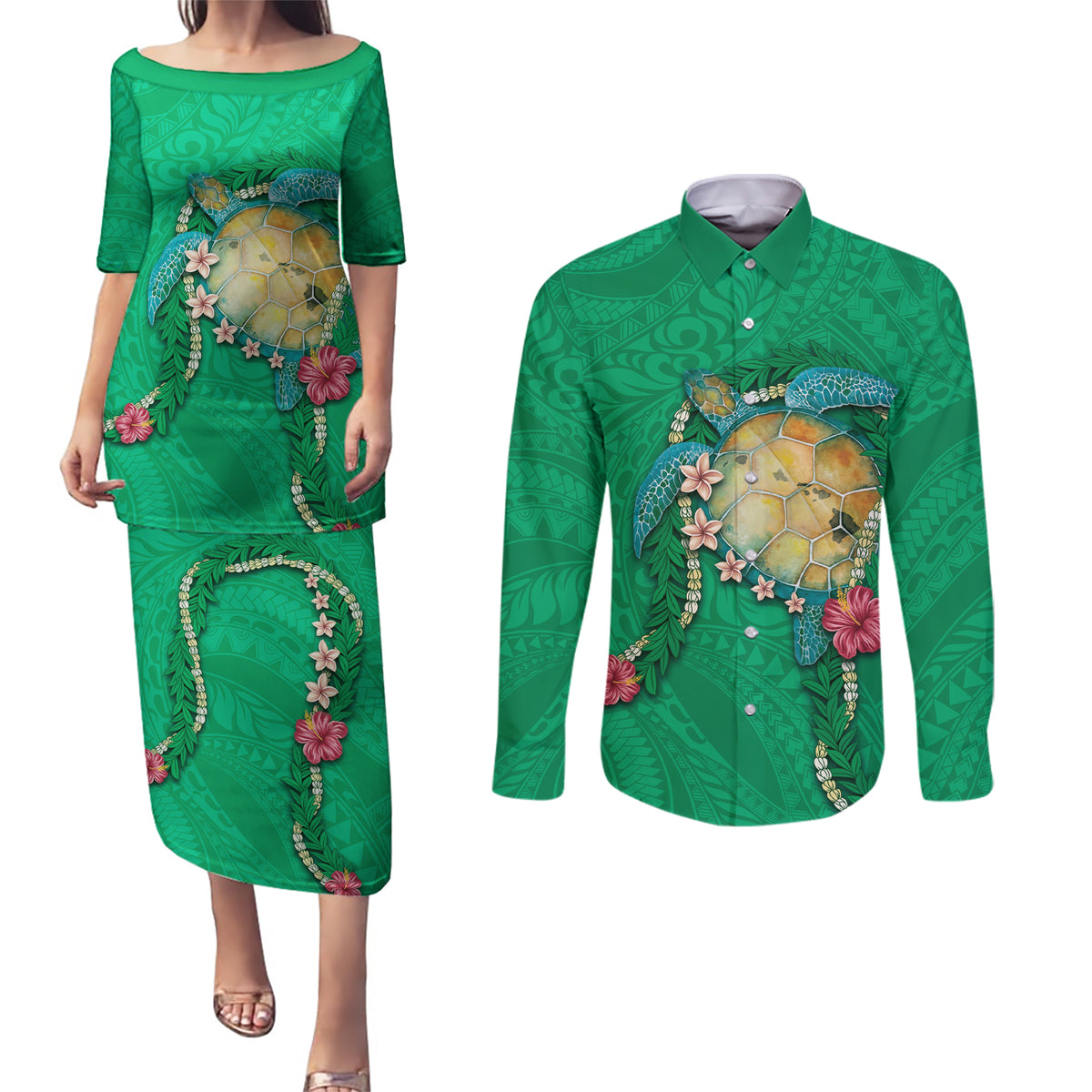 Hawaii Pikake and Maile Lei Couples Matching Puletasi and Long Sleeve Button Shirt Honu Polynesian Pattern Green Color
