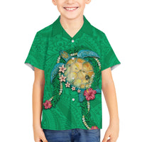 Hawaii Pikake and Maile Lei Family Matching Off The Shoulder Long Sleeve Dress and Hawaiian Shirt Honu Polynesian Pattern Green Color