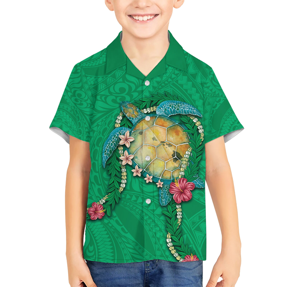 Hawaii Pikake and Maile Lei Family Matching Short Sleeve Bodycon Dress and Hawaiian Shirt Honu Polynesian Pattern Green Color