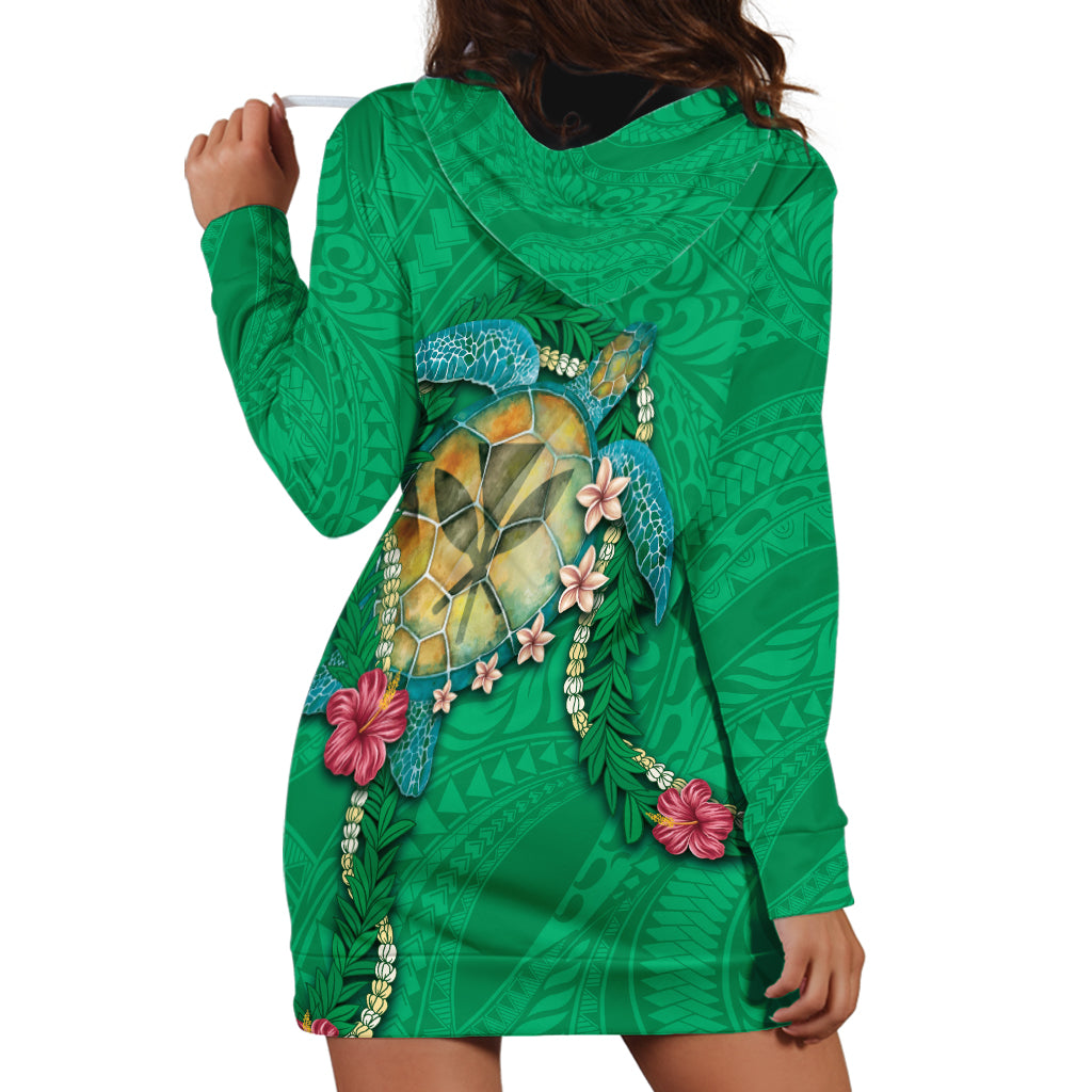 Hawaii Pikake and Maile Lei Hoodie Dress Honu Polynesian Pattern Green Color