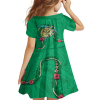 Hawaii Pikake and Maile Lei Kid Short Sleeve Dress Honu Polynesian Pattern Green Color