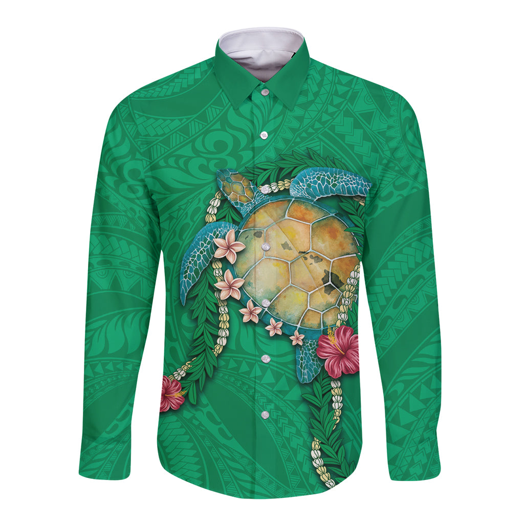 Hawaii Pikake and Maile Lei Long Sleeve Button Shirt Honu Polynesian Pattern Green Color