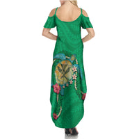 Hawaii Pikake and Maile Lei Summer Maxi Dress Honu Polynesian Pattern Green Color