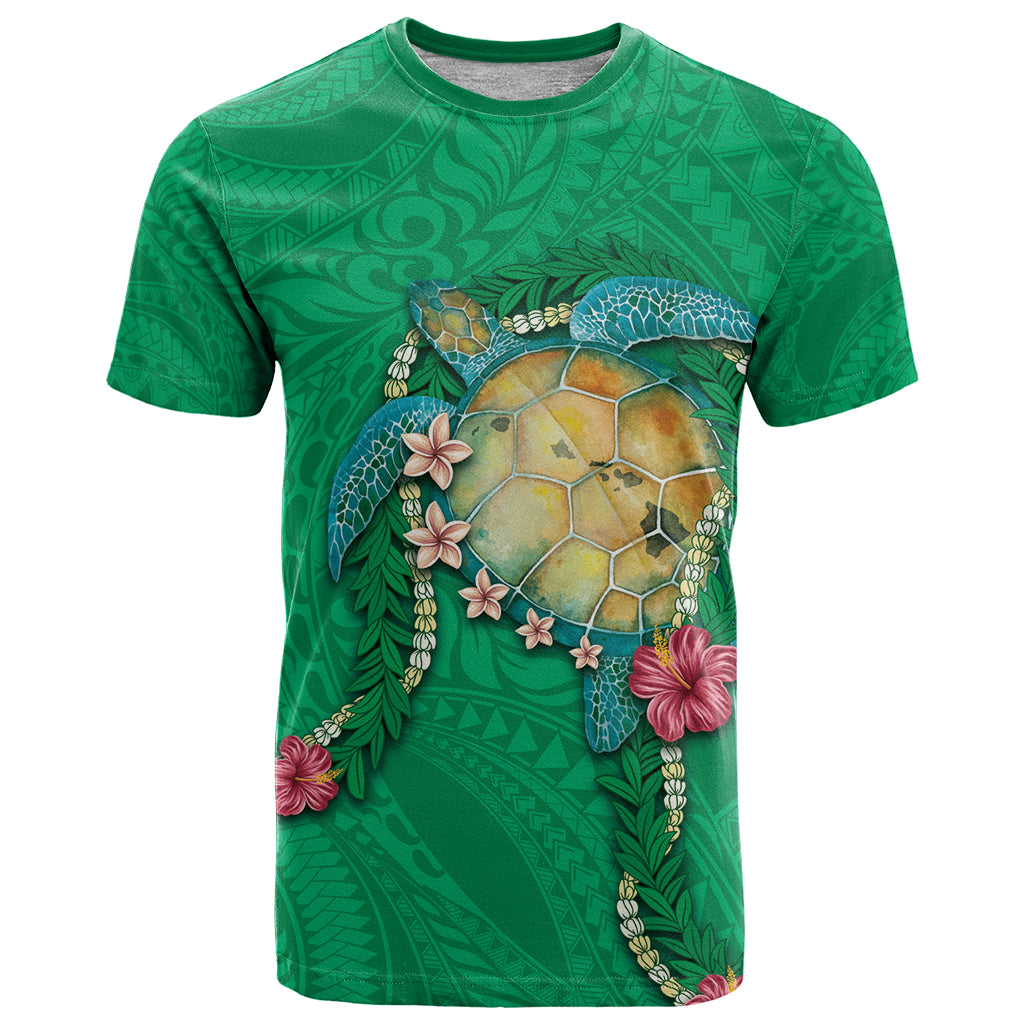 Hawaii Pikake and Maile Lei T Shirt Honu Polynesian Pattern Green Color