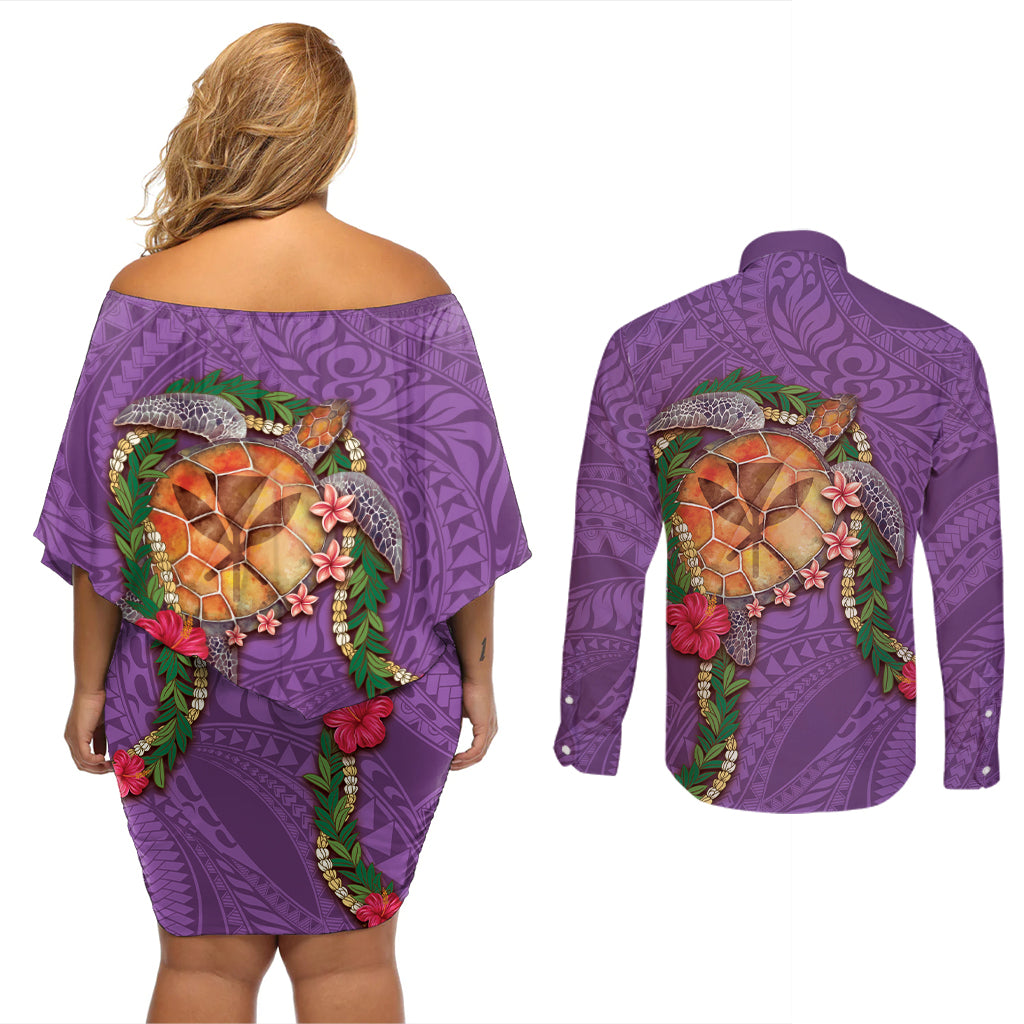 Hawaii Pikake and Maile Lei Couples Matching Off Shoulder Short Dress and Long Sleeve Button Shirt Honu Polynesian Pattern Pink Color