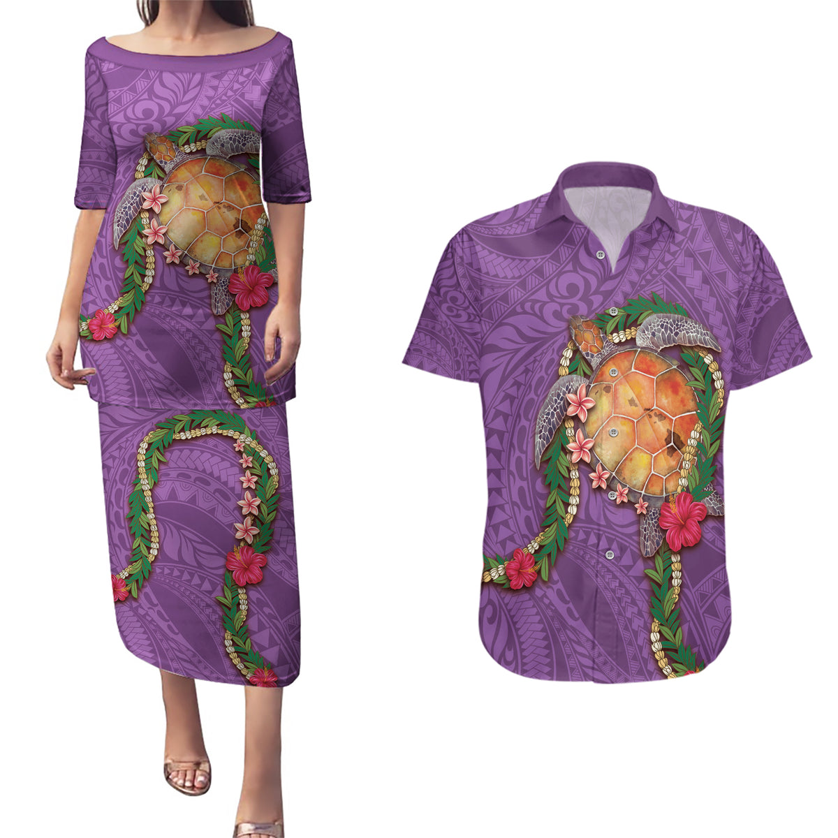 Hawaii Pikake and Maile Lei Couples Matching Puletasi and Hawaiian Shirt Honu Polynesian Pattern Pink Color
