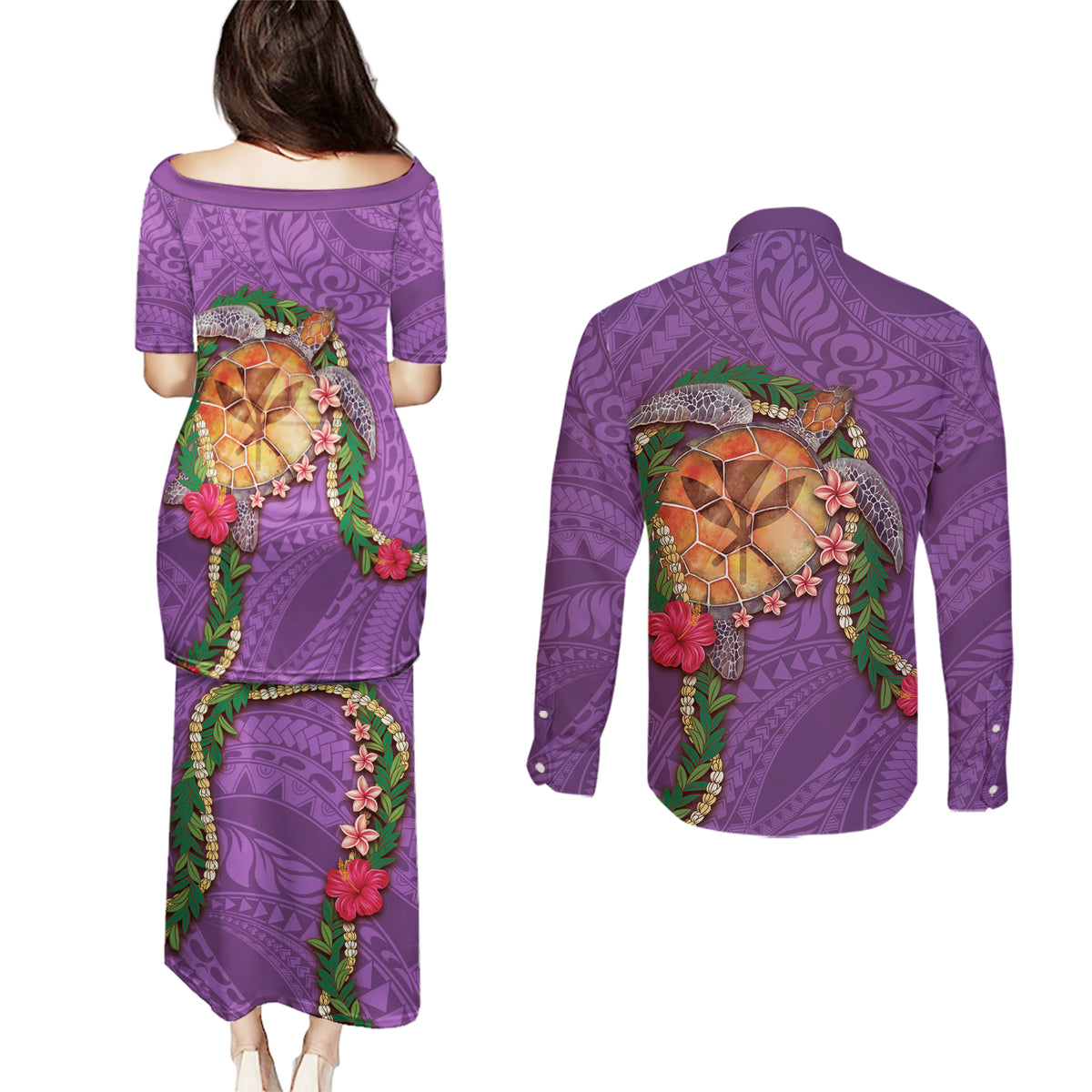Hawaii Pikake and Maile Lei Couples Matching Puletasi and Long Sleeve Button Shirt Honu Polynesian Pattern Pink Color