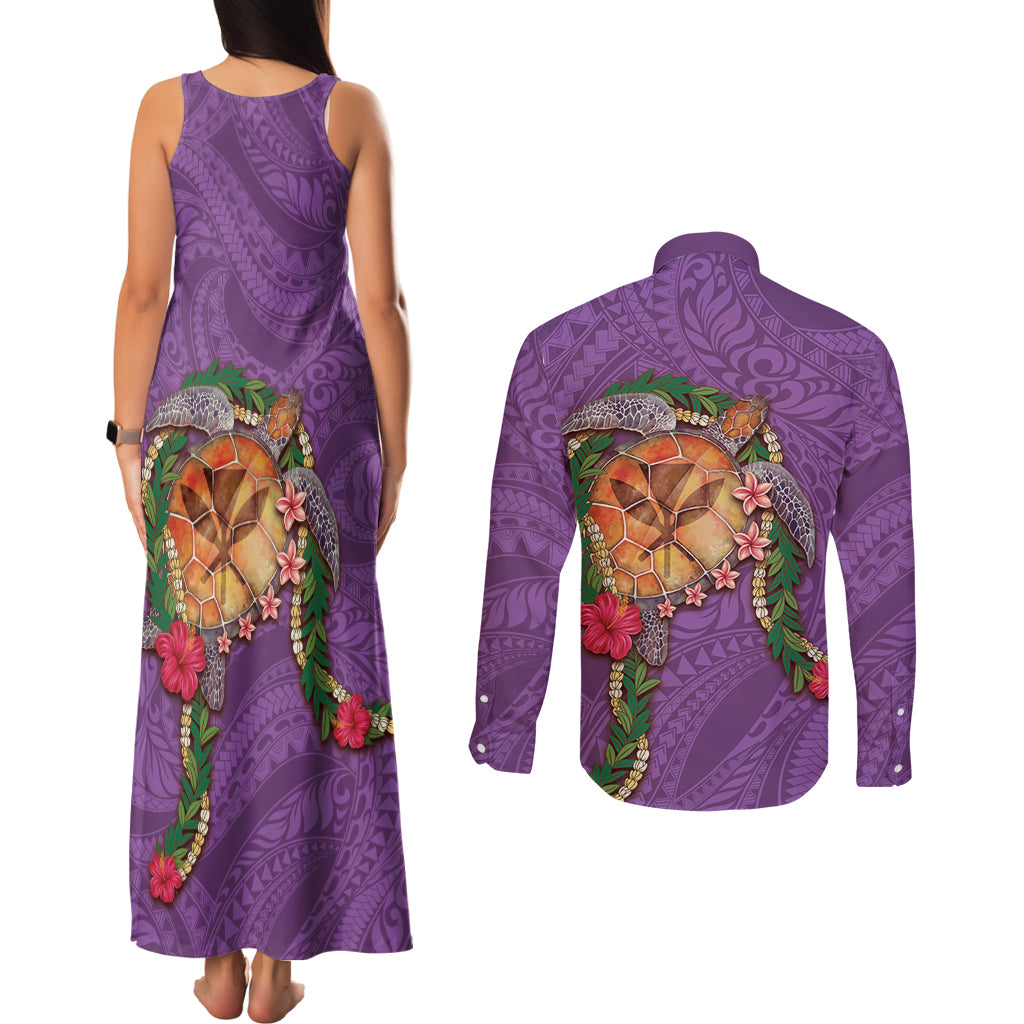 Hawaii Pikake and Maile Lei Couples Matching Tank Maxi Dress and Long Sleeve Button Shirt Honu Polynesian Pattern Pink Color