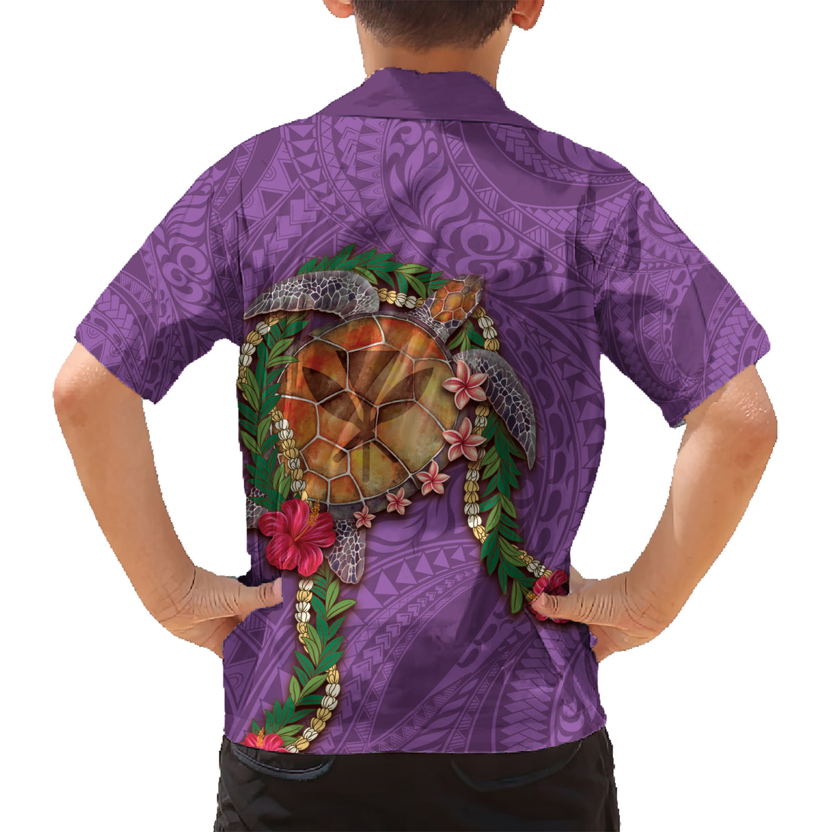 Hawaii Pikake and Maile Lei Kid Hawaiian Shirt Honu Polynesian Pattern Pink Color