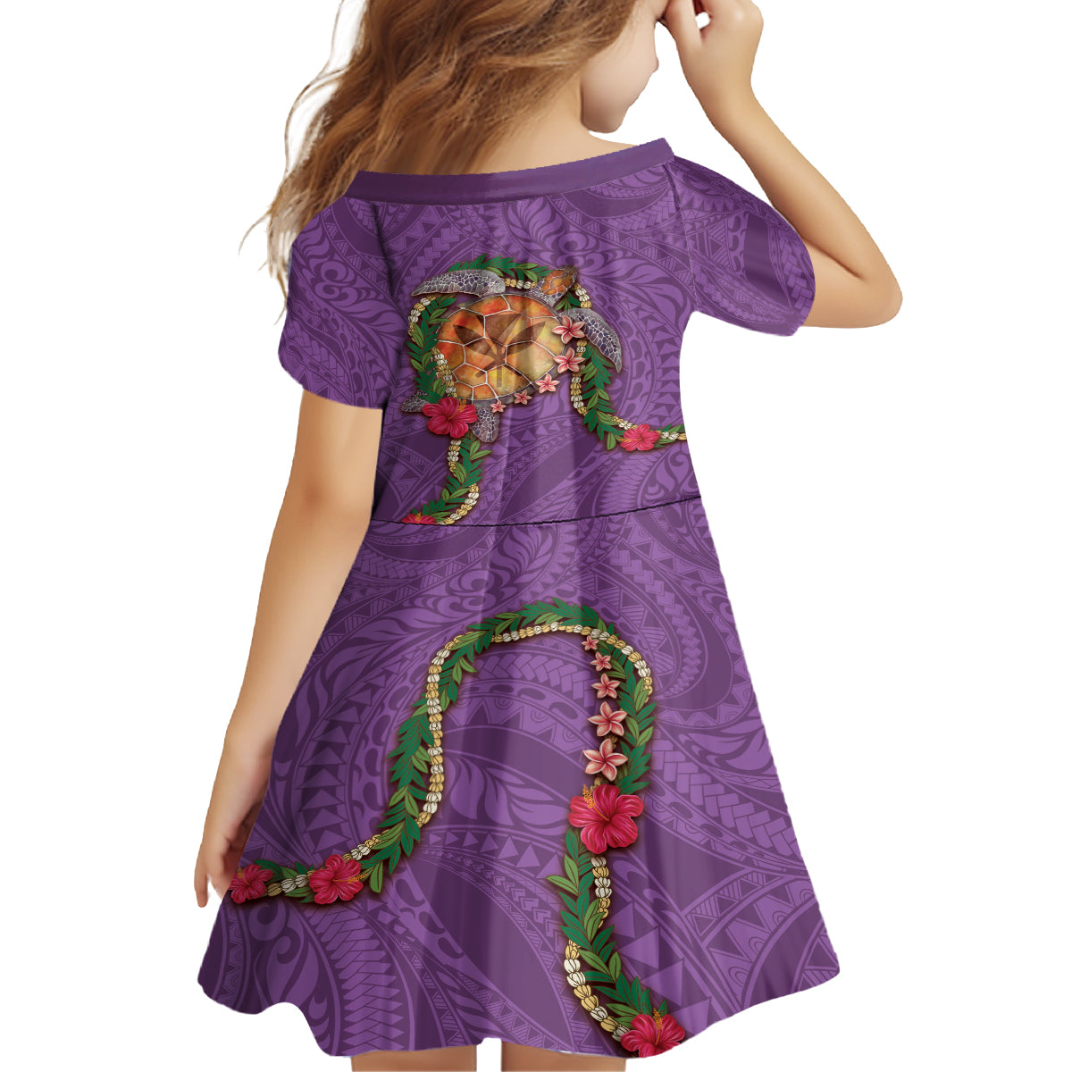 Hawaii Pikake and Maile Lei Kid Short Sleeve Dress Honu Polynesian Pattern Pink Color