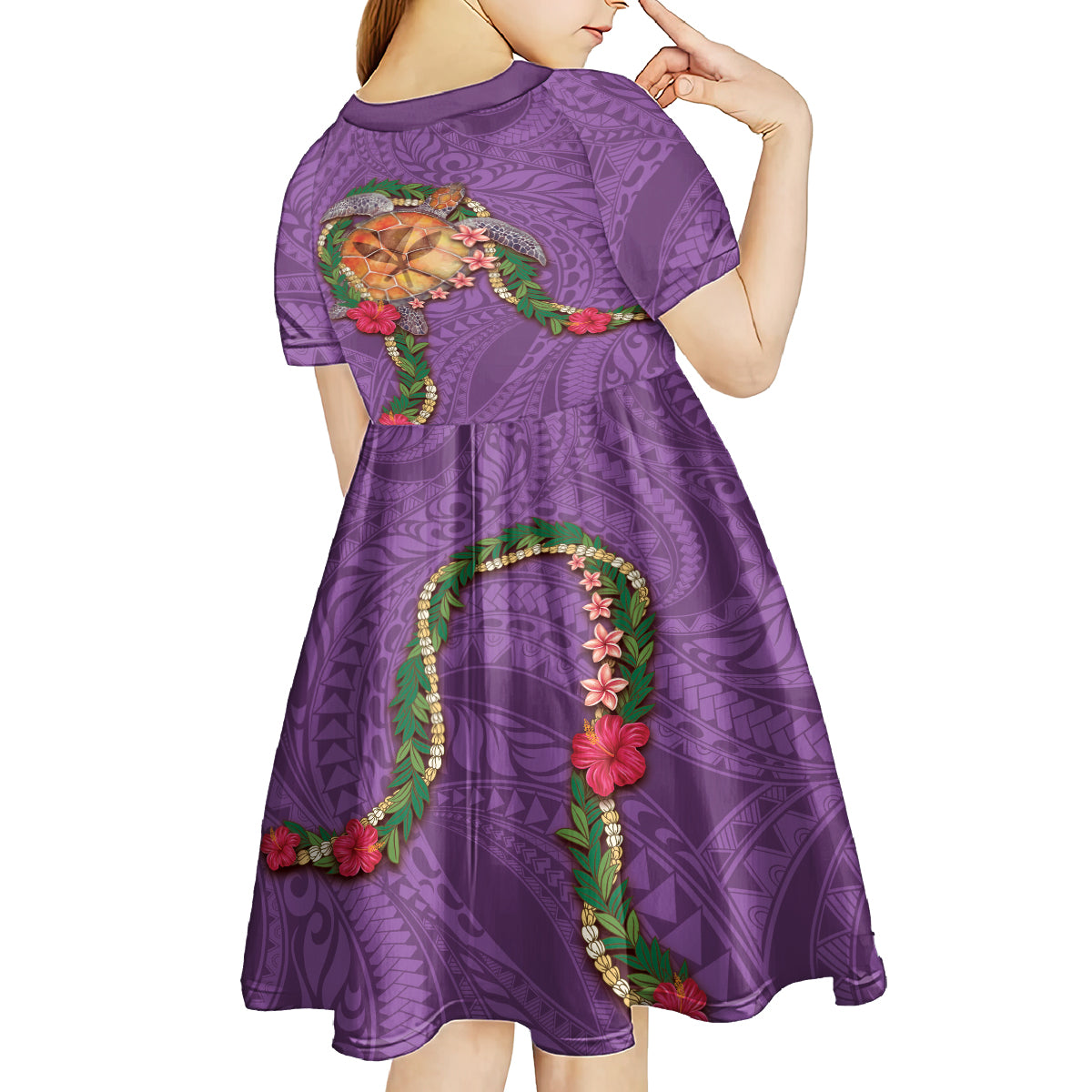 Hawaii Pikake and Maile Lei Kid Short Sleeve Dress Honu Polynesian Pattern Pink Color