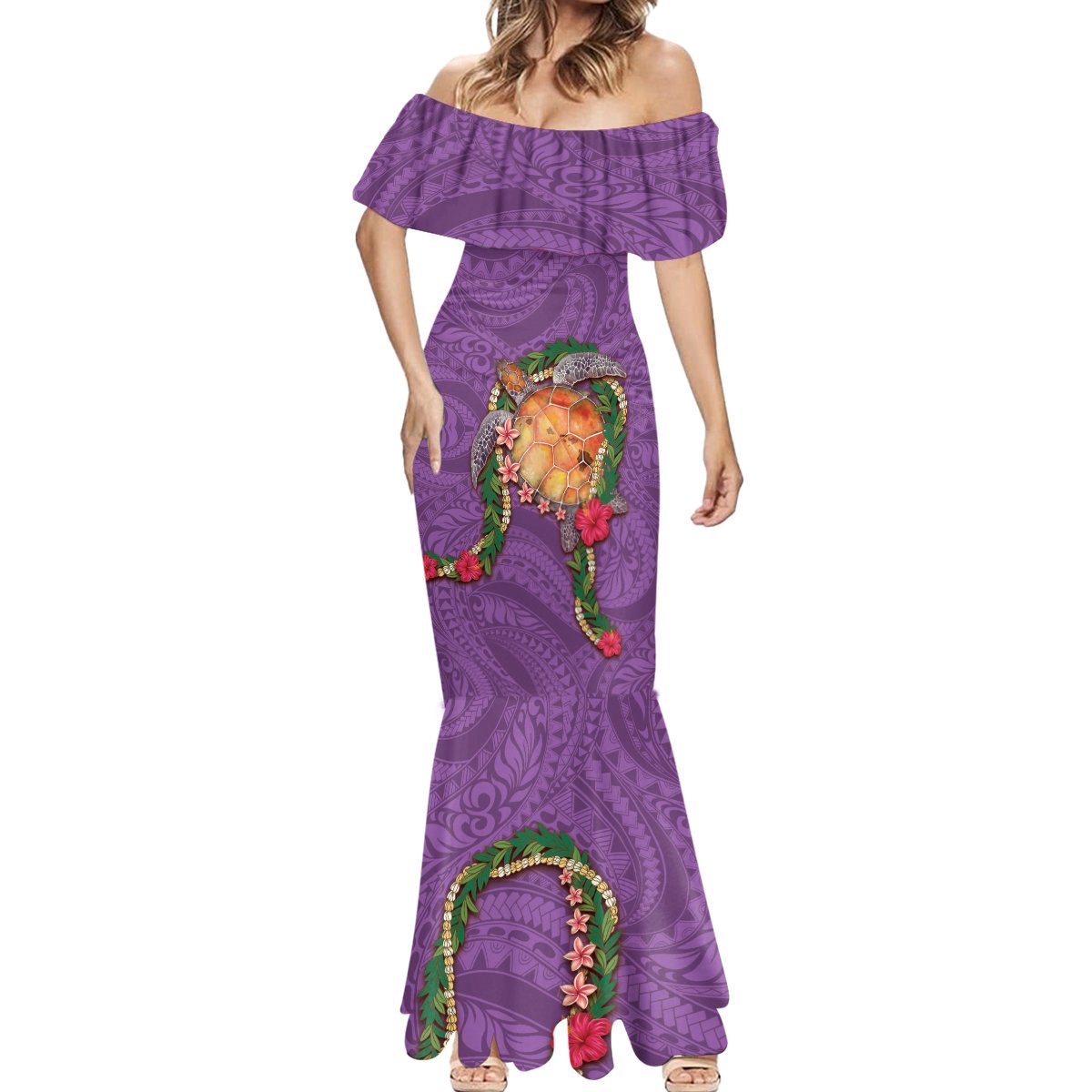 Hawaii Pikake and Maile Lei Mermaid Dress Honu Polynesian Pattern Pink Color