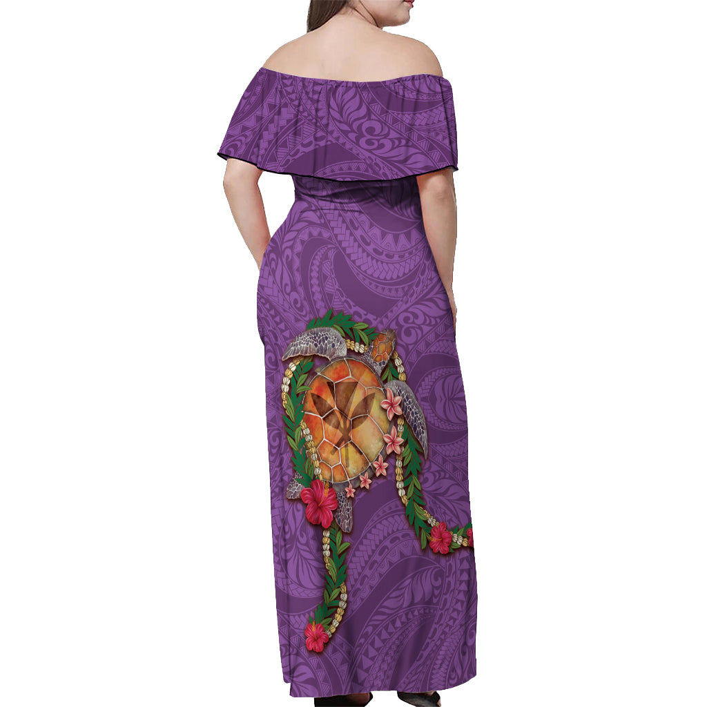 Hawaii Pikake and Maile Lei Off Shoulder Maxi Dress Honu Polynesian Pattern Pink Color