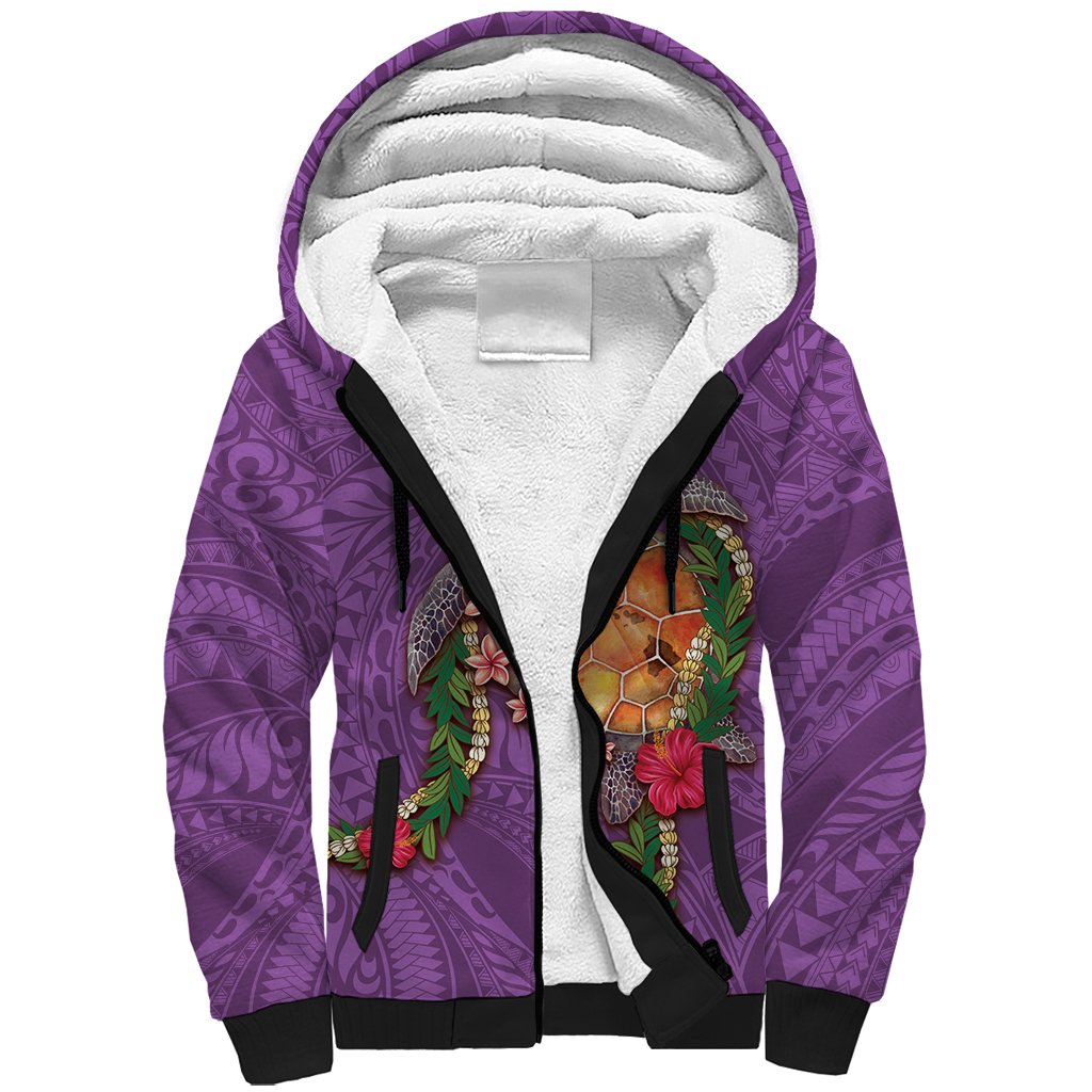 Hawaii Pikake and Maile Lei Sherpa Hoodie Honu Polynesian Pattern Pink Color