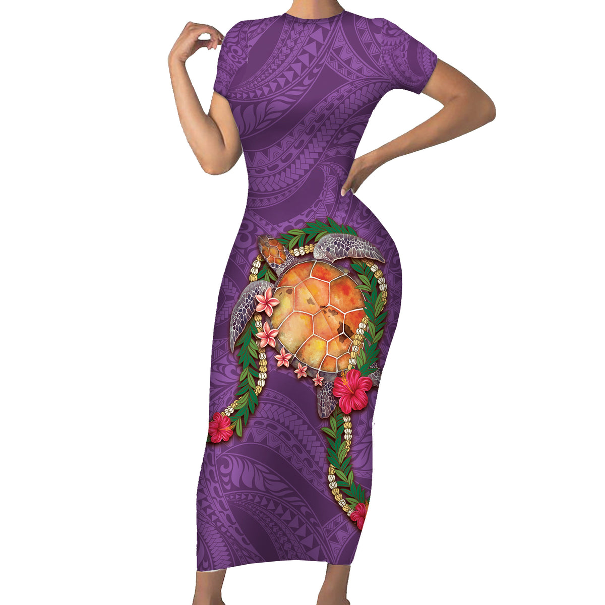 Hawaii Pikake and Maile Lei Short Sleeve Bodycon Dress Honu Polynesian Pattern Pink Color