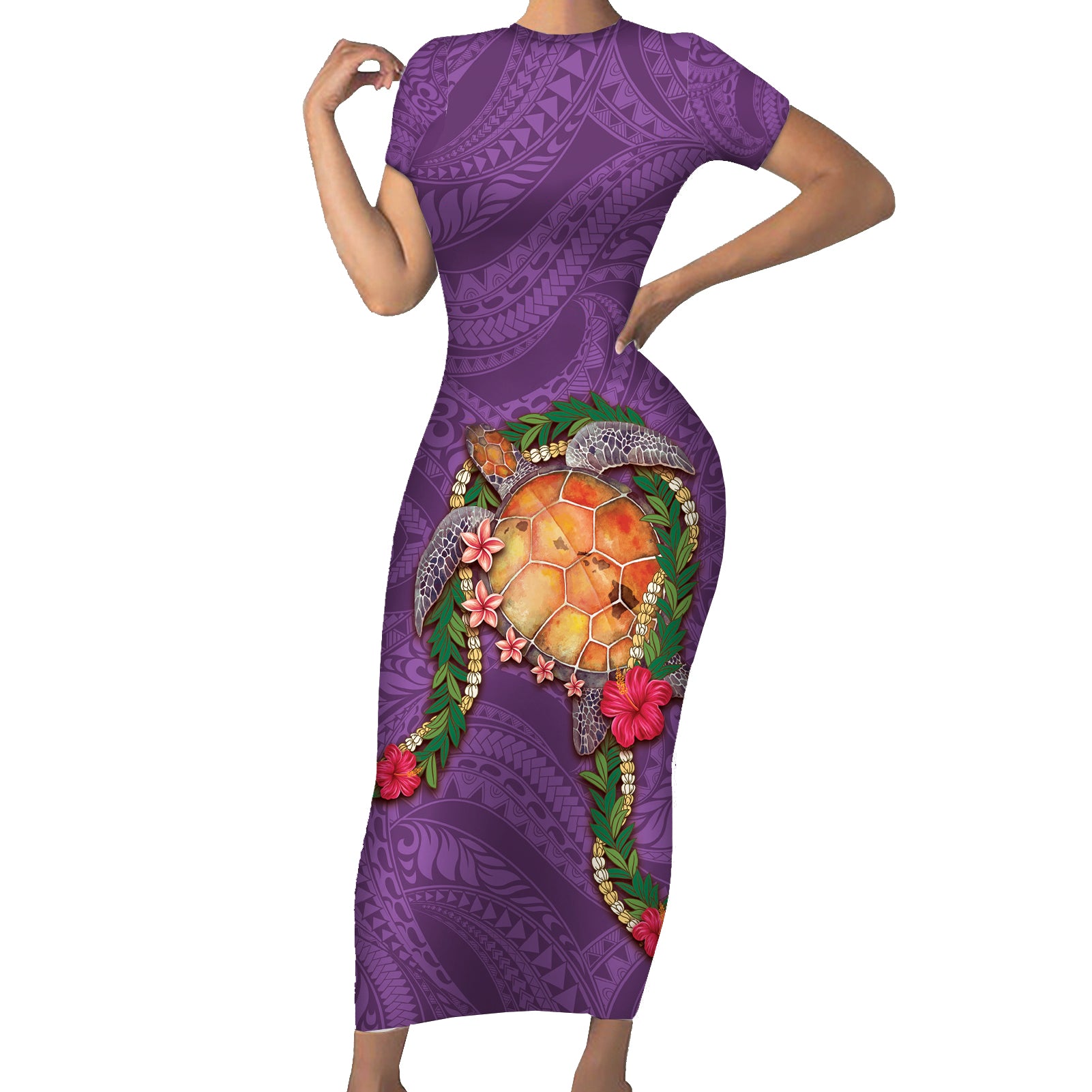 Hawaii Pikake and Maile Lei Short Sleeve Bodycon Dress Honu Polynesian Pattern Pink Color