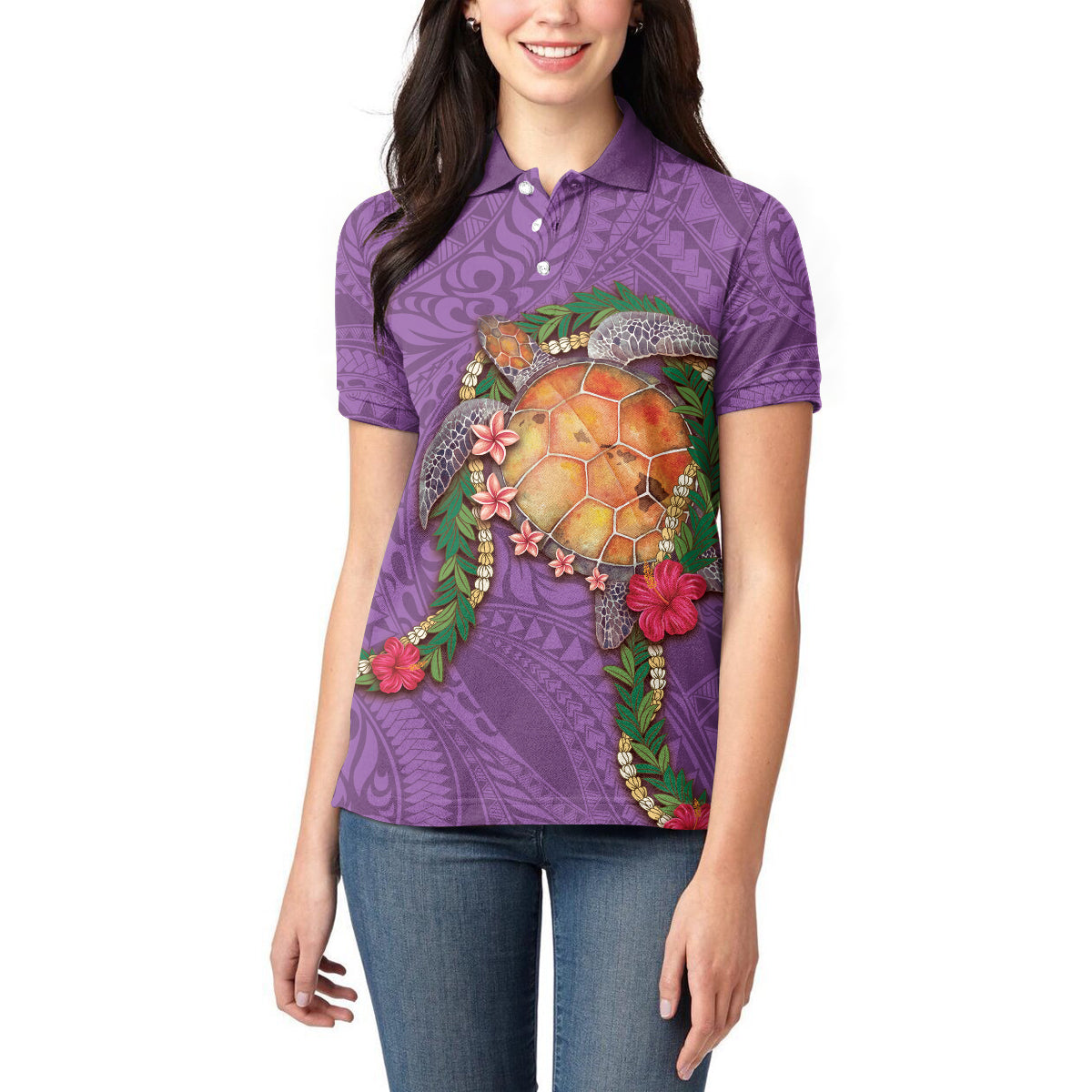 Hawaii Pikake and Maile Lei Women Polo Shirt Honu Polynesian Pattern Pink Color