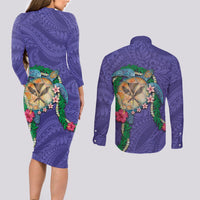 Hawaii Pikake and Maile Lei Couples Matching Long Sleeve Bodycon Dress and Long Sleeve Button Shirt Honu Polynesian Pattern Purple Color