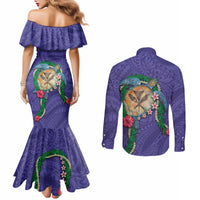 Hawaii Pikake and Maile Lei Couples Matching Mermaid Dress and Long Sleeve Button Shirt Honu Polynesian Pattern Purple Color