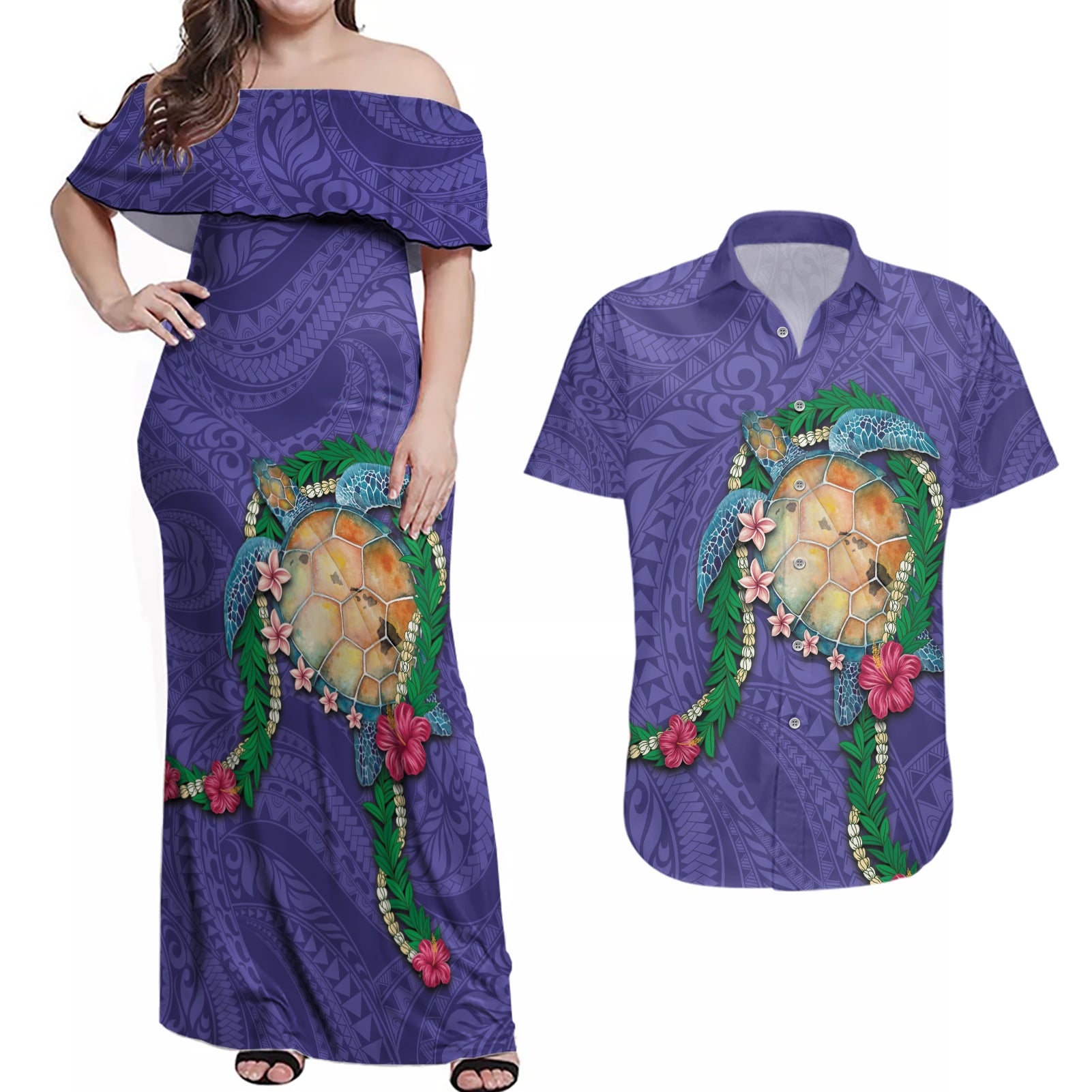 Hawaii Pikake and Maile Lei Couples Matching Off Shoulder Maxi Dress and Hawaiian Shirt Honu Polynesian Pattern Purple Color