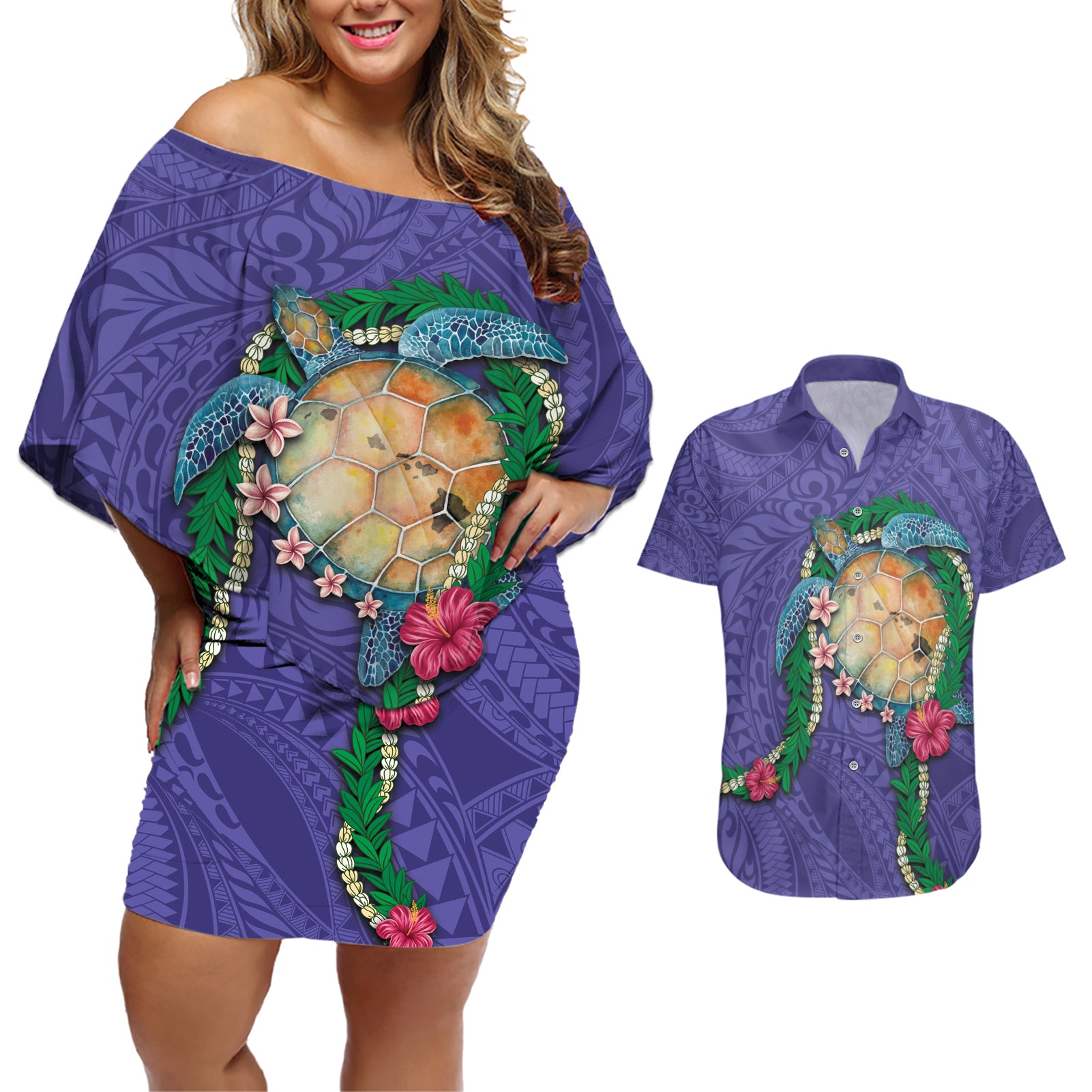 Hawaii Pikake and Maile Lei Couples Matching Off Shoulder Short Dress and Hawaiian Shirt Honu Polynesian Pattern Purple Color