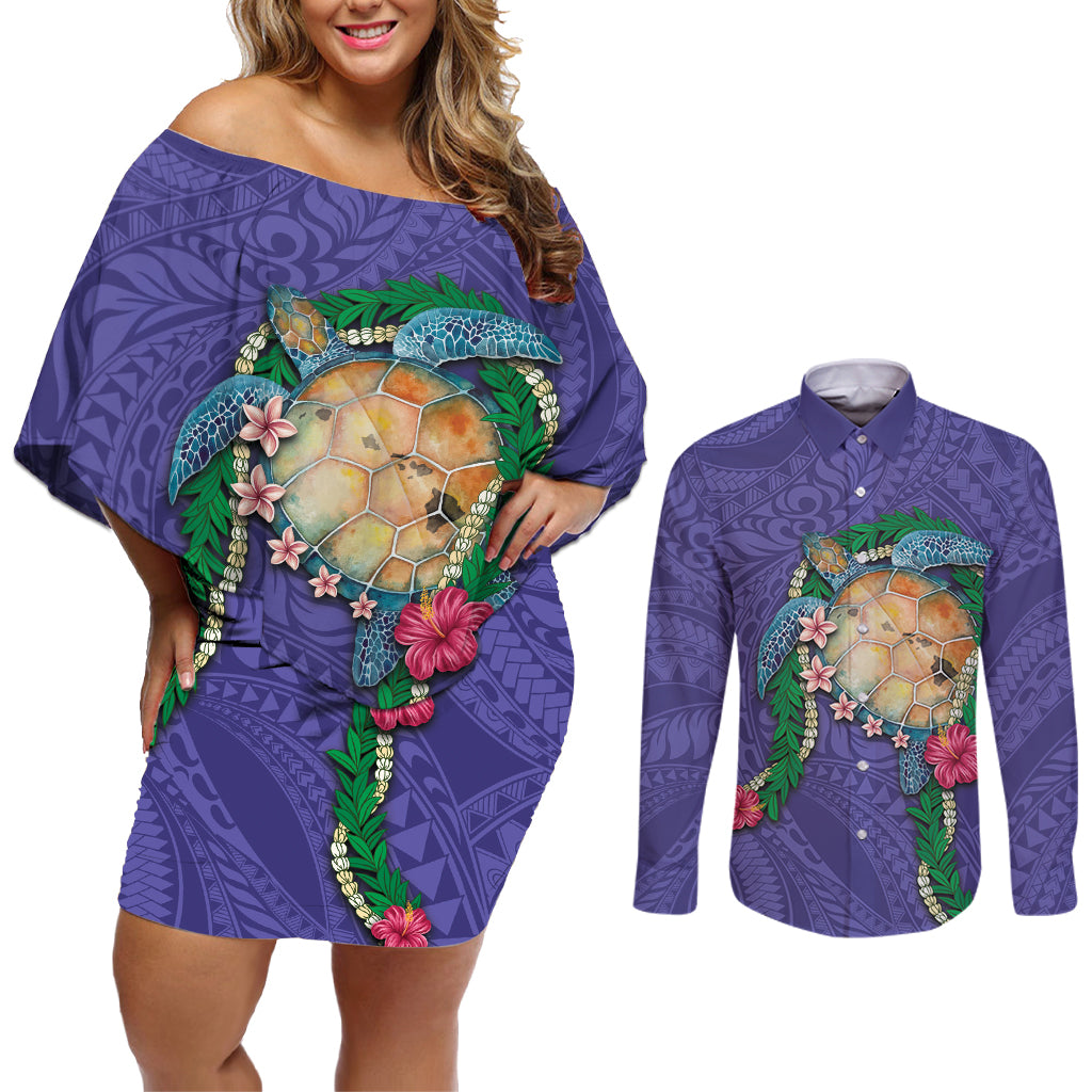 Hawaii Pikake and Maile Lei Couples Matching Off Shoulder Short Dress and Long Sleeve Button Shirt Honu Polynesian Pattern Purple Color